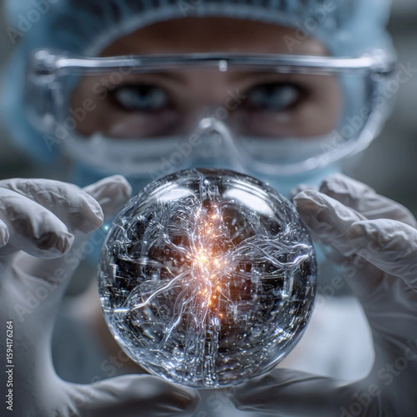 Fototapeta Scientist holding glowing neural network sphere with focus and care