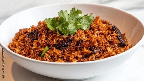 Fototapeta Bowl of brown rice with dark bits, garnished with cilantro and green onions