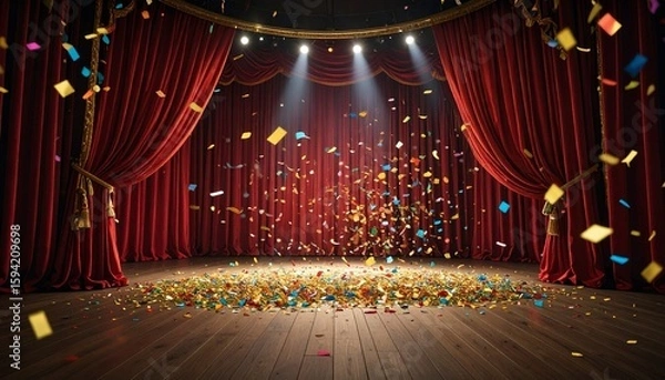 Obraz 赤色のカーテンと舞台・劇場　紙吹雪　スポットライト