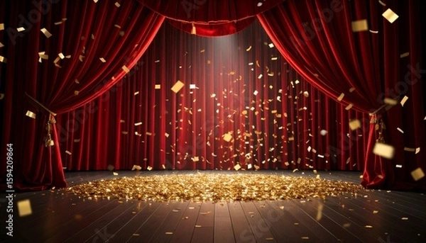 Obraz 赤色のカーテンと舞台・劇場　紙吹雪　スポットライト