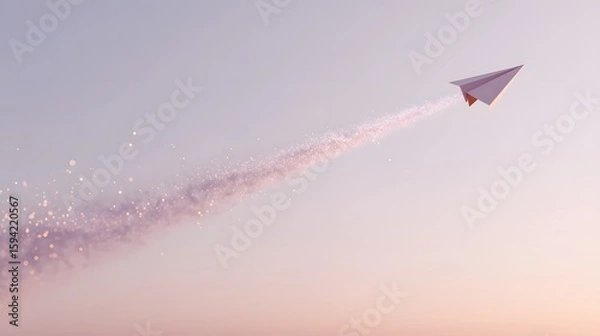 Obraz a sleek paper plane flying from the left side of the frame, leaving a soft trail of glowing purple particle light