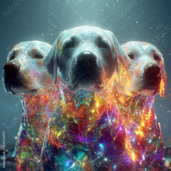 Fototapeta Three glowing dogs with colorful light reflections create magical