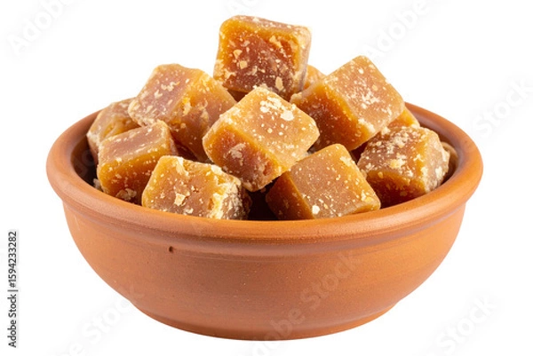 Fototapeta Mini Clay Pot of Date Palm Jaggery (Patali Gur) Chunks, Isolated on Transparent Background