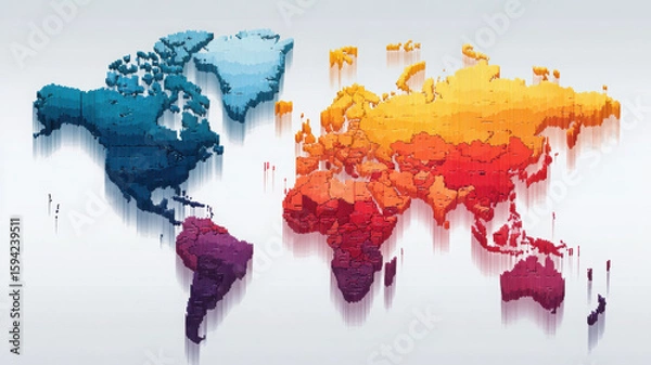 Fototapeta Colorful 3D world map with gradient effect and pixel blocks