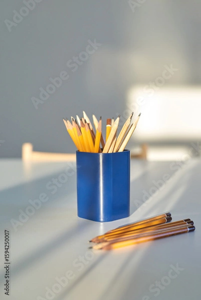 Fototapeta Yellow pencils in blue holder on white table with natural sunlight and shadows creating a peaceful workspace ambiance.