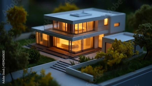 Obraz Modern Architectural Model House With Warm Interior Lighting