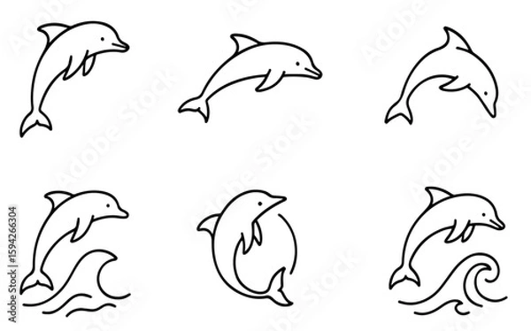 Fototapeta Dolphin Line Art Icons Set. Marine Animal Illustrations Vector Logo in Clean Black Outline for Ocean-Themed Branding, Educational Infographics, and Nature-Inspired Graphic Design Projects