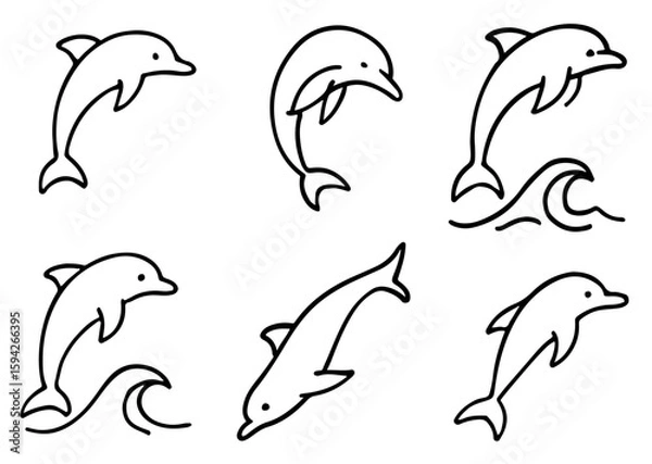Fototapeta Dolphin Line Art Icons Set. Ocean Animal Illustrations Vector Logo in Clean Black Outline for Ocean-Themed Branding, Educational Infographics, and Nature-Inspired Graphic Design Projects