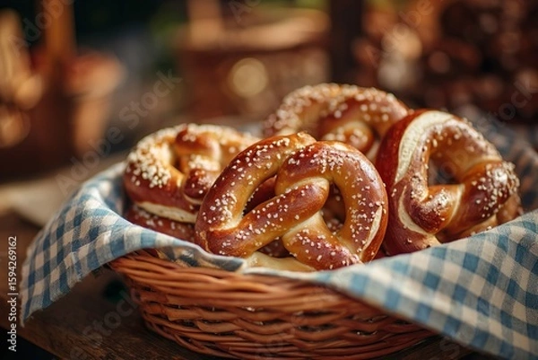 Fototapeta Close-up view of freshly baked pretzels sprinkled with coarse salt, arranged in a woven basket lined with a traditional red and white checkered cloth. The warm tones, wooden table, and rustic presenta