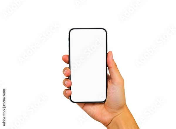 Fototapeta Hand holding a smartphone with a blank screen isolated on transparent background
