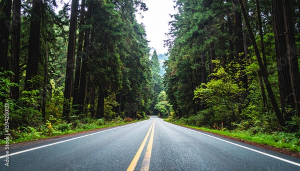 Fototapeta highway surrounded by towering redwood trees in Redwood National and State Parks, California. Peaceful empty road stretches into the lush green forest. Nature travel concept, no vehicles visible