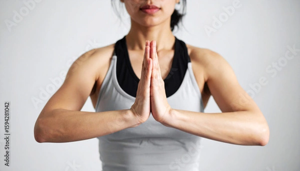 Fototapeta a yoga practitioner's hands in prayer position, centered against a neutral background. Minimalist style with calm energy, symbolizing balance, mindfulness, and inner peace