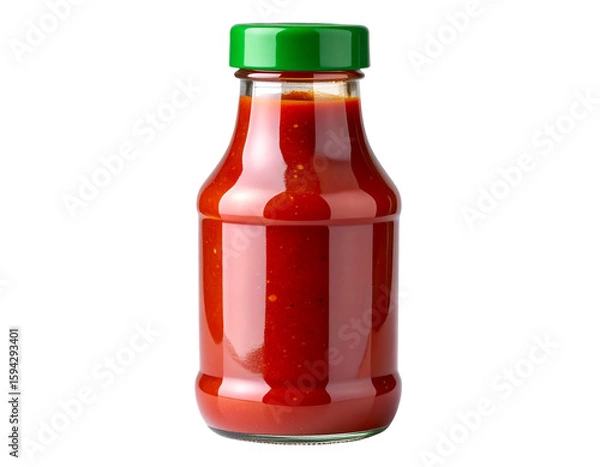 Obraz  Glossy red hot sauce bottle with green cap isolated on transparent background PNG