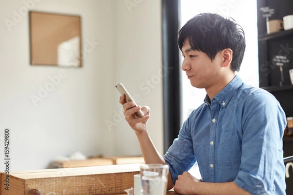 Obraz カフェで携帯電話を使う男性