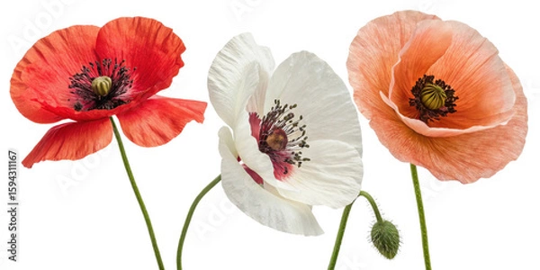 Fototapeta Vibrant poppy flowers in red, white, and peach hues create stunning display of nature beauty and elegance