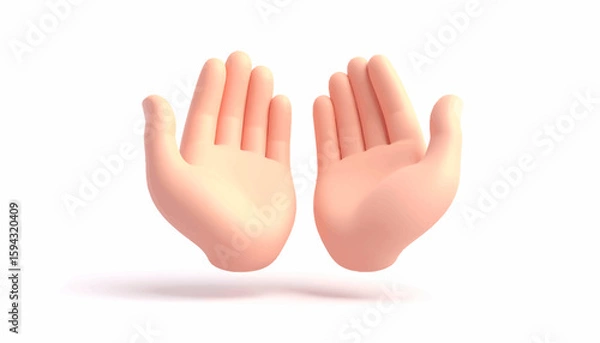 Fototapeta Cartoon hands raised in supplication, a 3D illustration of open palms against a white background.