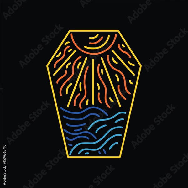 Fototapeta Monoline Emblem Sun and Wave Logo Design Coffin Emblem Vector