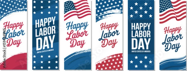 Fototapeta Set of Five Vertical “Happy Labor Day” Banners Featuring American Flag Motifs, Stars, and Bold Typography in Red, White, and Blue for Patriotic Holiday Celebration Visual Design