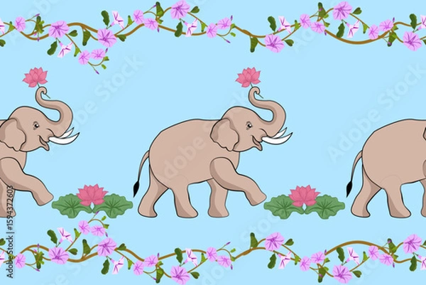 Fototapeta Seamless pattern of pink lotus holding elephants decorated with purple morning glory vines, suitable for decorating the edges of fabrics or various decorative designs.