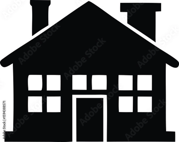 Obraz A simple black silhouette of a traditional house with a pitched roof two chimneys and multiple windows representing a dwelling