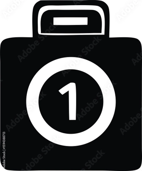 Obraz A simple black and white graphic icon representing a briefcase or suitcase with a large white circle containing the number one
