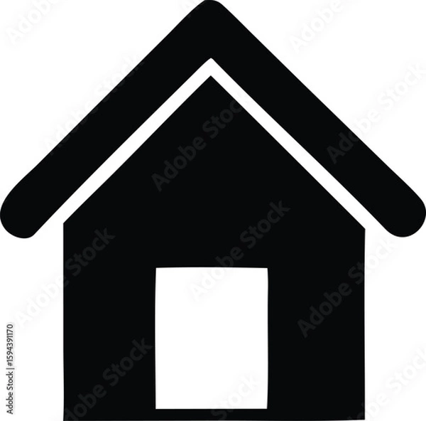 Fototapeta A simple bold black silhouette of a house with a prominent peaked roof and a single square window opening