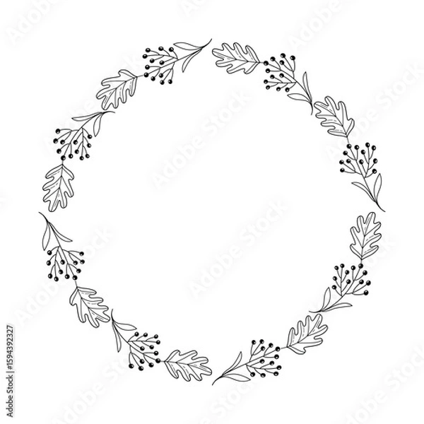Fototapeta Doodle Wreath Frame with Oak Leaves and Berries in Minimal Line Art Style