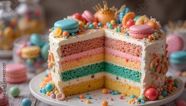 Fototapeta Colorful Layer Cake with Macarons and Sweet Candy
