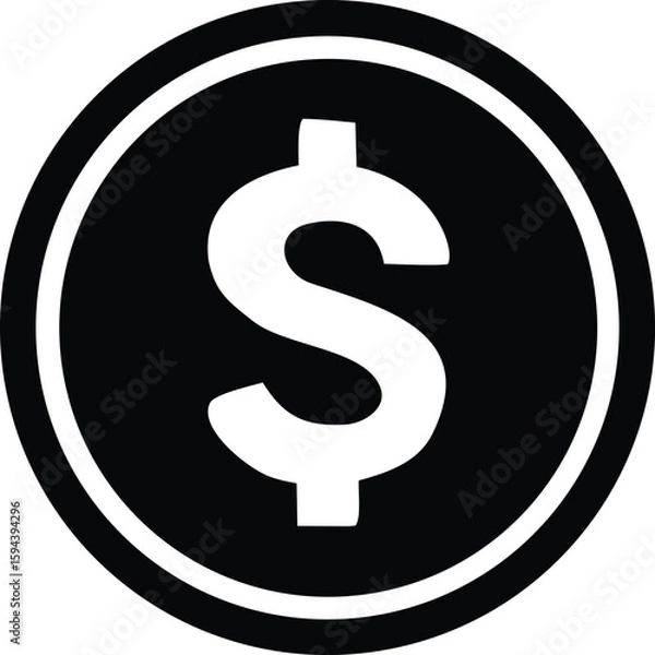 Obraz A bold white dollar sign centered within a black circle surrounded by a white ring symbolizing currency and finance