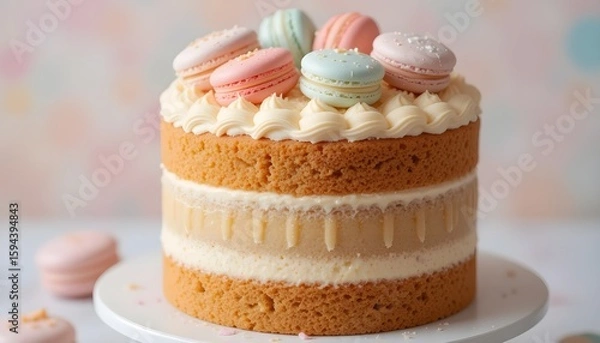 Fototapeta Two-Layer Cake in Pastel Colors with Macaron Topping

