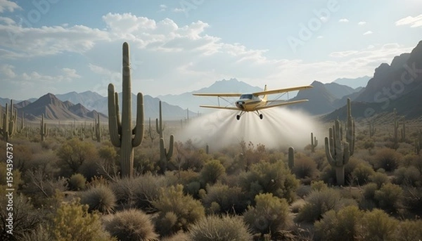 Fototapeta Small Plane Spraying Over a Cactus Desert Scene
