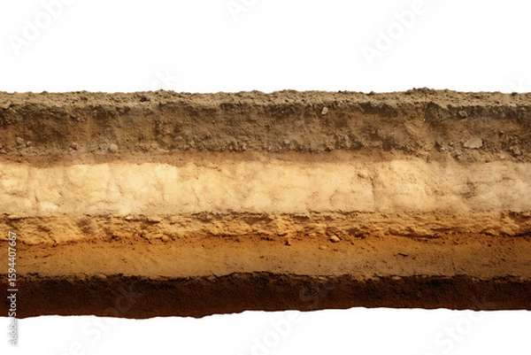 Fototapeta detailed layered soil profile with rich brown  isolated on white background PNG, AI GENERATED