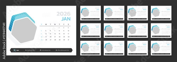 Fototapeta Desk calendar template 2026. Calendar 2026 planner corporate template design set. Template for annual calendar 2026. The week starts on Sunday.