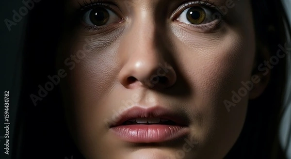 Obraz A young woman's face, partially shadowed, expresses intense fear and alarm.
