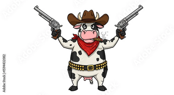 Obraz cartoon cowboy cow character holding two guns. Dressed with a hat, bandana, and cigar, ready for a wild west duel. Isolated on white.