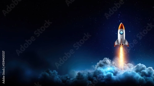Fototapeta A stunning depiction of a rocket soaring through the night sky, leaving behind a trail of flames and smoke, symbolizing adventure and exploration beyond Earth.