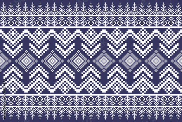 Fototapeta Intricate geometric pixel art pattern with diamonds and chevron shapes in white and navy blue