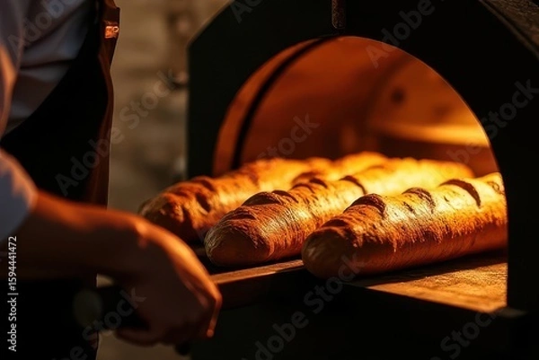 Obraz Baker Inserting Fresh Loaves into a Hot Oven