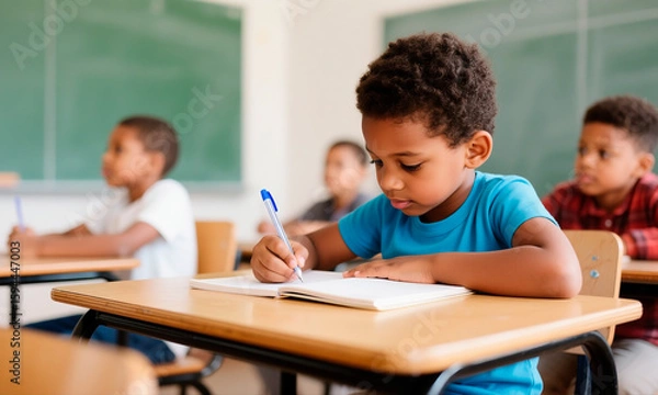 Fototapeta Young Black child diligently taking notes in a notebook during a lesson.