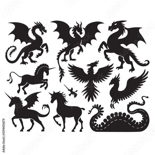 Fototapeta Collection of mythical creatures silhouettes including dragons unicorns and phoenixes in black and white