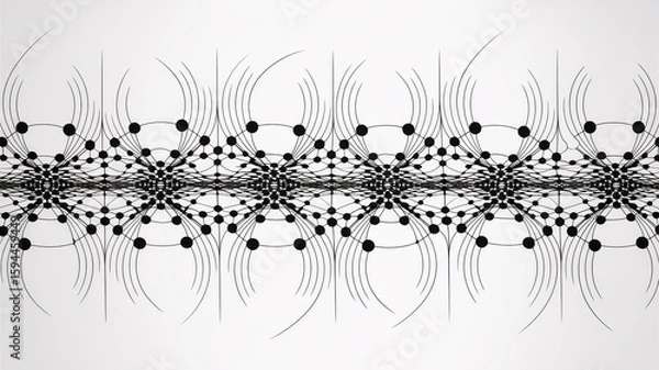 Fototapeta A black and white geometric pattern of interconnected dots and flowing curved lines in symmetry