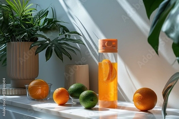 Fototapeta Transparent bottle with orange liquid and citrus slices fruit