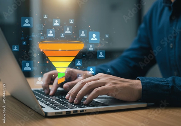 Fototapeta Person using laptop with a digital sales funnel and customer icons