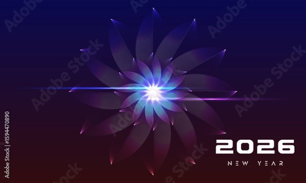 Fototapeta design typography of happy new year 2026 with shining and sparkling flower, isolated in dark mode, happy new year 2026 template design for cover, poster, calendar, greeting card, etc
