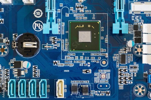 Obraz A fragment of a computer motherboard with a north bridge and connectors