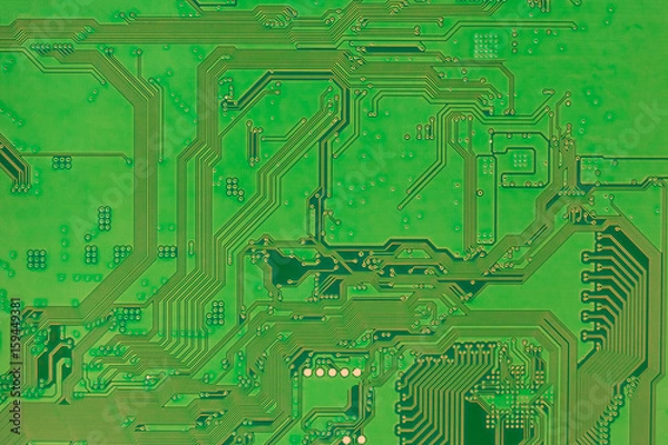 Obraz Circuit board, modern electronics backside green color background closeup