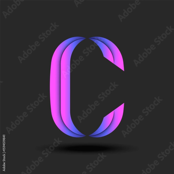Obraz Monogram glowing letter C logo with pink-blue neon gradient in paper cut futuristic style on dark background, creative 3D alphabet symbol, typography mark vector mockup, emblem design template.