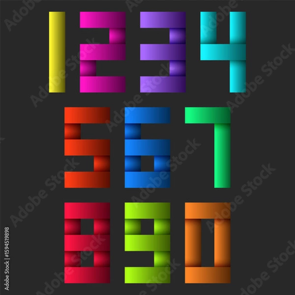 Obraz Colorful gradient 3D geometric numbers set from 0 to 9 on dark background, vibrant modern design, bold digital typography minimal style for posters, banners or education.