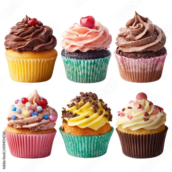 Fototapeta Six colorful cupcakes in various frosting colors and toppings