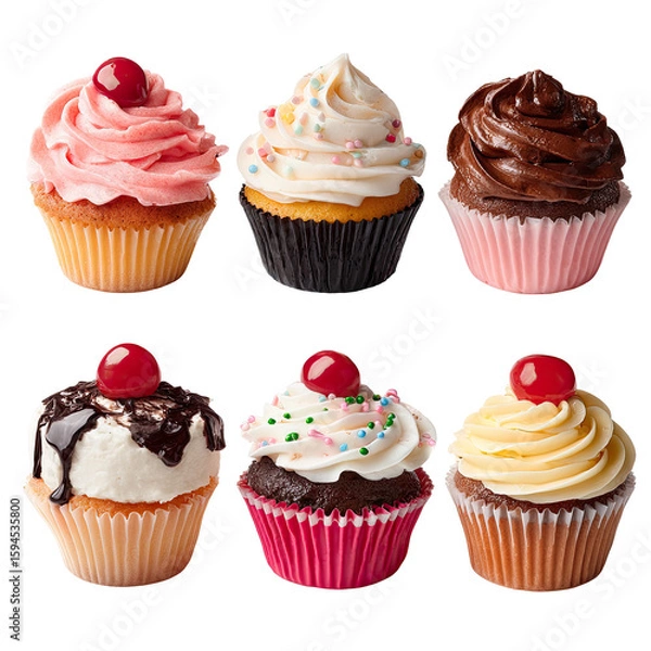 Fototapeta Six cupcakes with various frosting colors and toppings